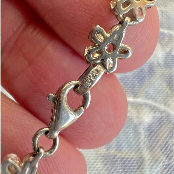 Vintage Solid Sterling & Pink Topaz Flower Bracelet/Anklet ~9.5” - Picture 6 of 10